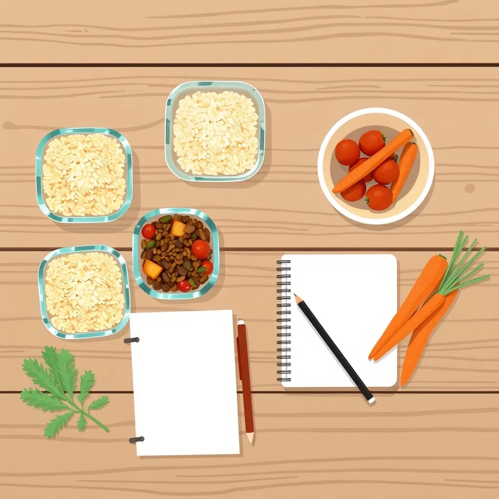 Meal prep containers of rice, lentils and vegetables on a kitchen table beside tomatoes, carrots and a notebook